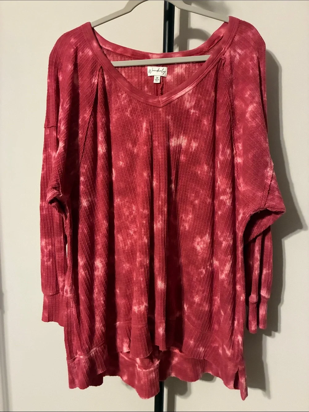 Wonderly Top Women's Pink Tie-Dyed V-Neck Pullover Tunic 2X